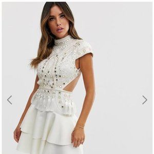 White ASOS embellished mini dress with open back